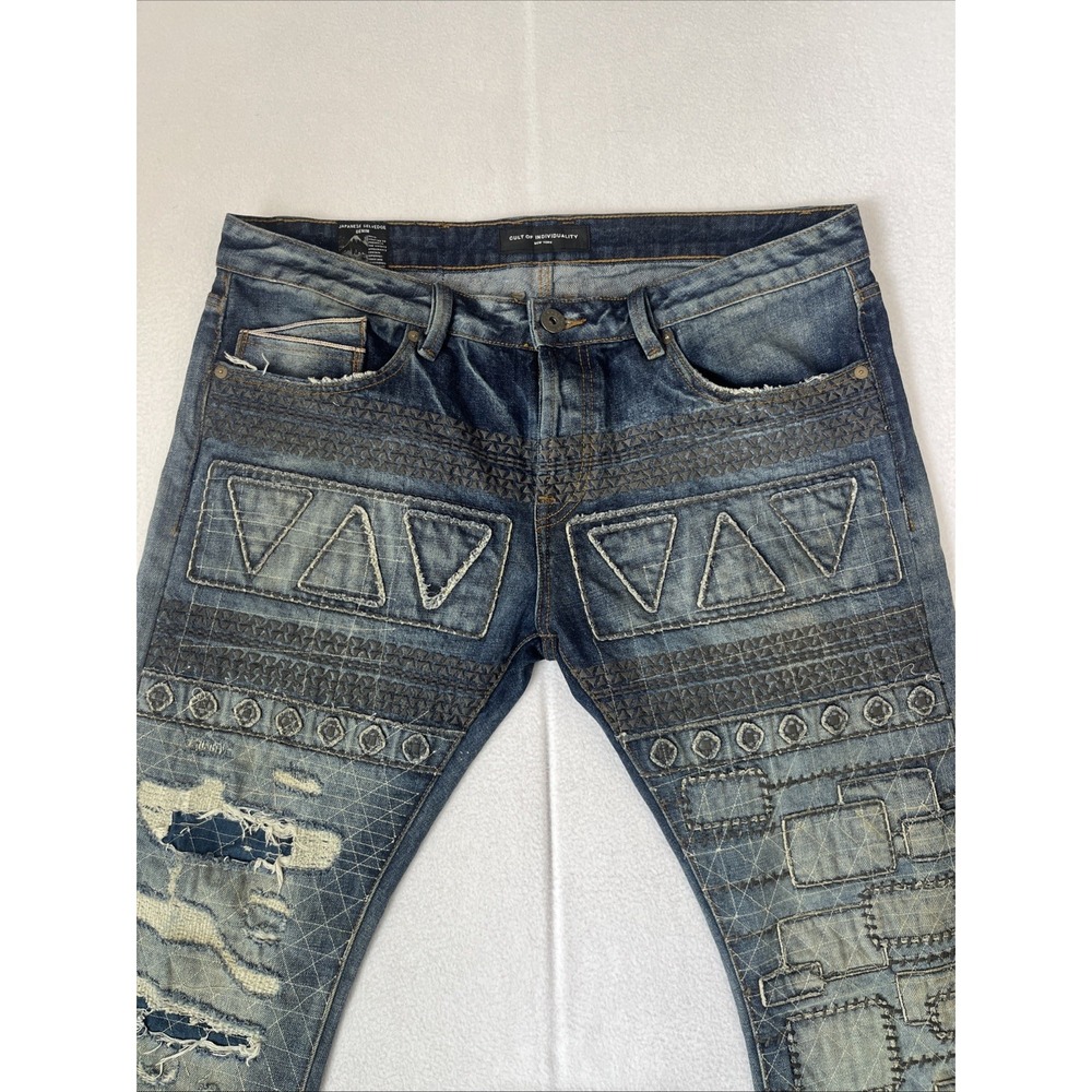 Cult Of Individuality Rebel Straight Jeans Mens 38x34 Denim Distressed Selvedged